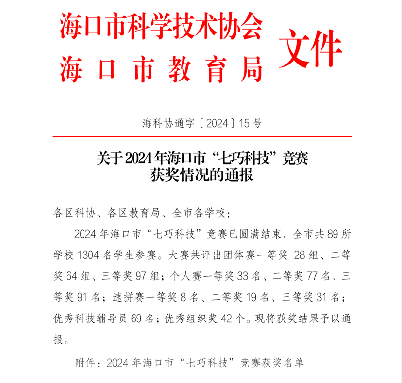 喜报!祝贺爱爱啦学生在2024年海口市“七巧科技”竞赛中荣获佳绩